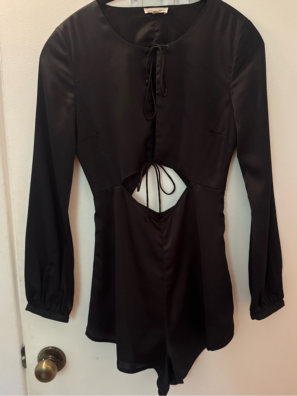Cotton Candy Black Satin Romper with Keyhole Back Tie